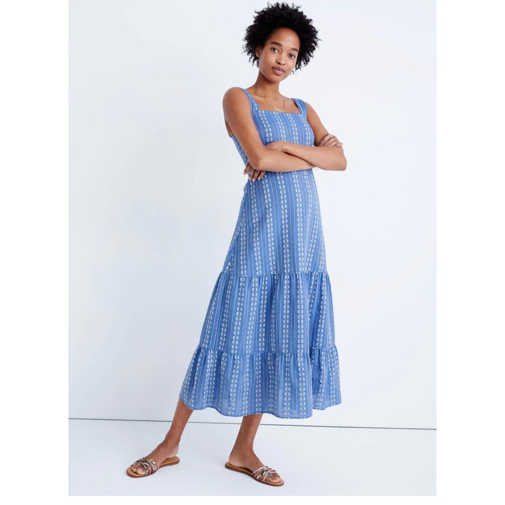 Madewell Embroidered Button-Back Tiered Sundress Lt Blue Floral Dobby Sz 14